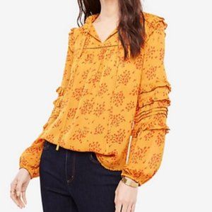 Ann Taylor Mustard Yellow Red Floral Ruffle Peasant Blouse XP